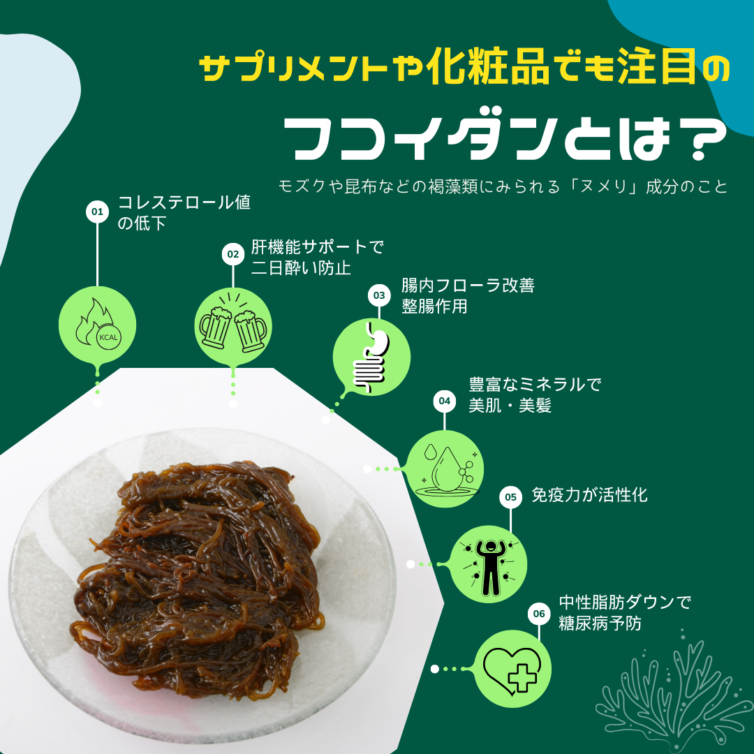 もずくの成分フコイダンについて。
コレステロール値の低下、肝機能サポートで二日酔い防止、腸内フローラ改善による整腸作用、豊富なミネラルで美肌・美髪、免疫力が活性化、中性脂肪ダウンで糖尿病予防。